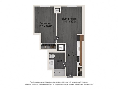 Floor plan for 1 bed, 1 bath, 597 sqft